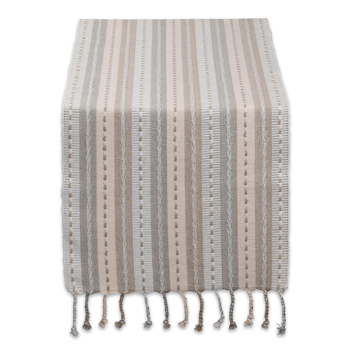 14" x 108" Beige  Brown  and Gray Rectangular Home Essentials Natural Tonal Stripe With Fringe Table Runner