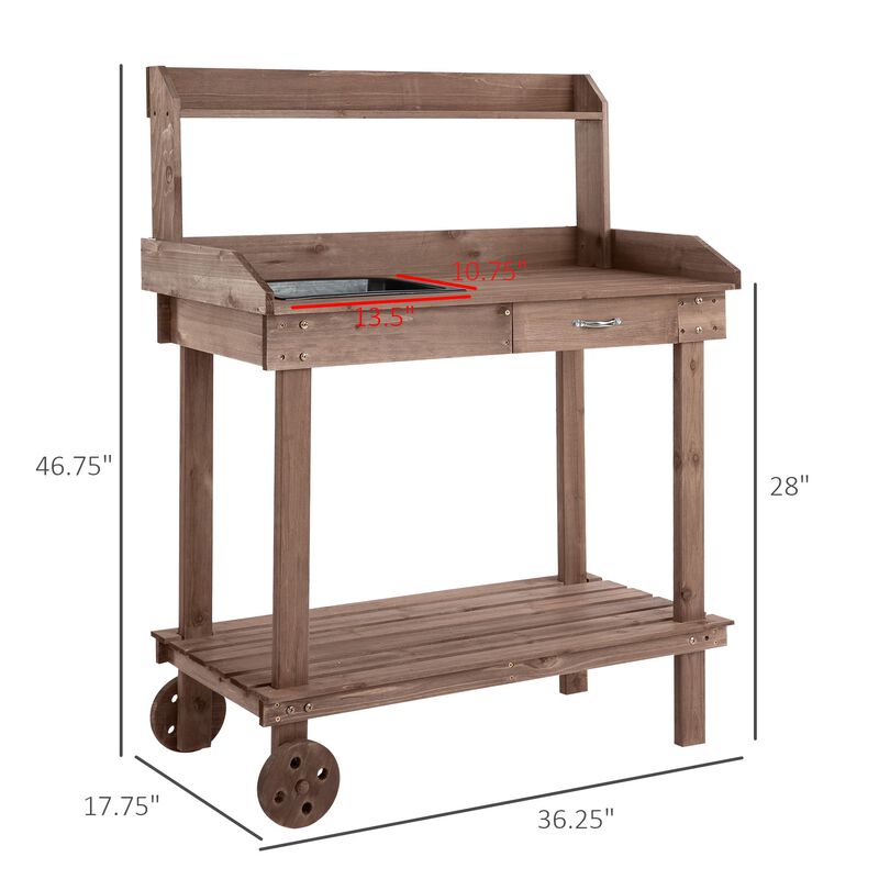 36'' Wooden Potting Bench Work Table with 2 Removable Wheels, Sink, Drawer & Large Storage Spaces, Brown