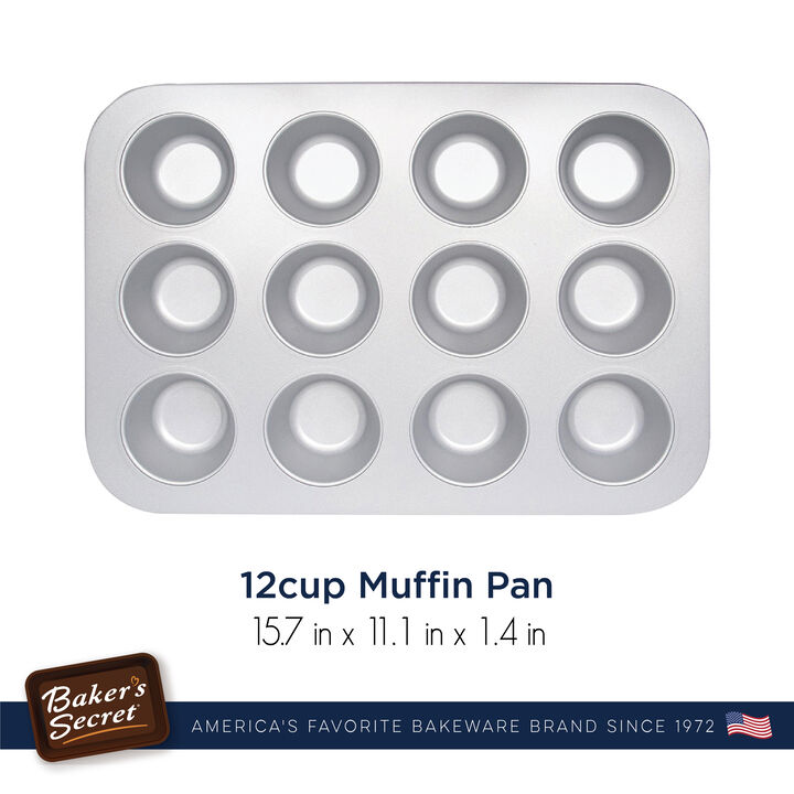 Baker's Secret 12cup Muffin Cupcake Pan, 2Layers Non-stick Coating, Aluminized Steel, Dark Gray, Superb Collection
