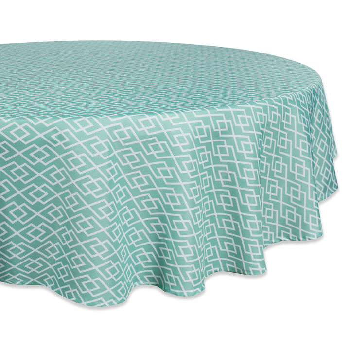 Aqua Blue and White Diamond Pattern Outdoor Round Tablecloth 60”