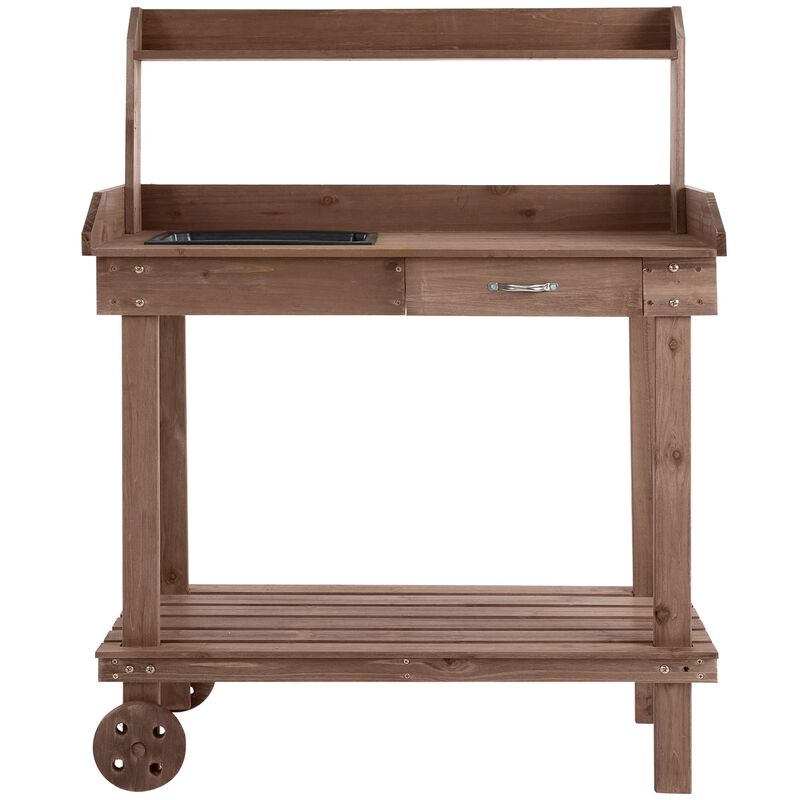 36'' Wooden Potting Bench Work Table with 2 Removable Wheels, Sink, Drawer & Large Storage Spaces, Brown