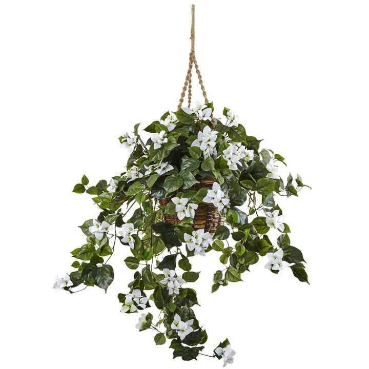 Nearly Natural 28-in Bougainvillea Hanging Basket - White