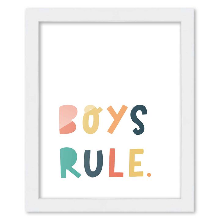 8x10 Framed Nursery Wall Art Colorful Boys Rule Poster In White Wood Frame For Kid Bedroom or Playroom