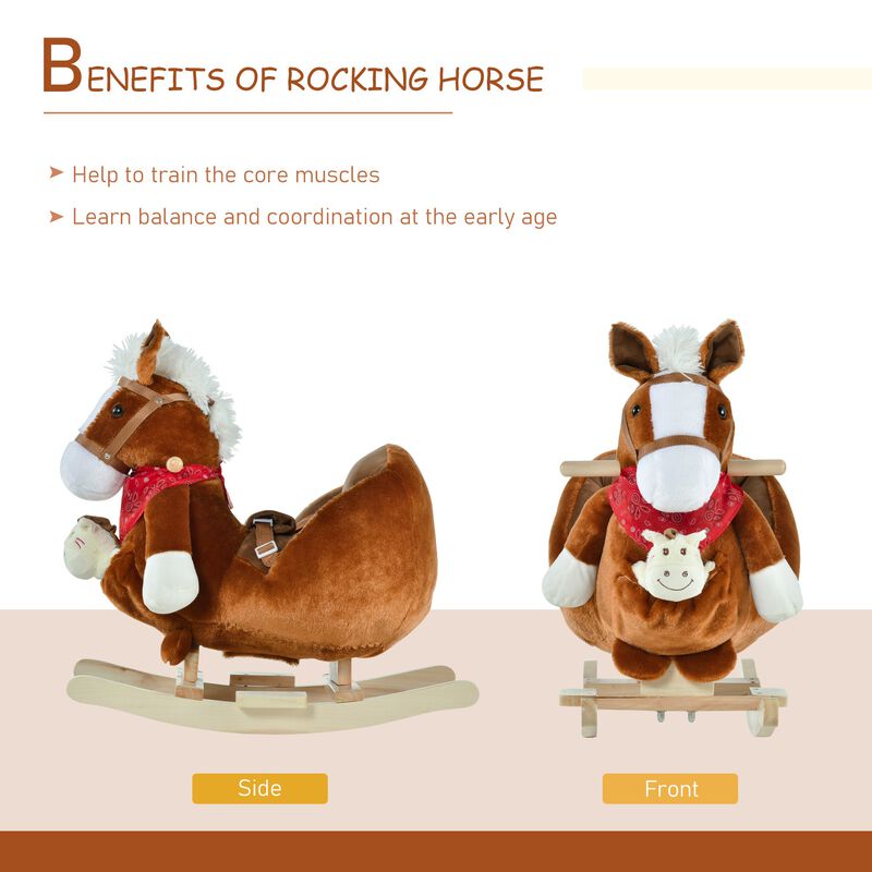 Kids Ride-On Rocking Horse Toy Rocker with Fun Song Music & Soft Plush Fabric for Children 18-36 Months - Brown