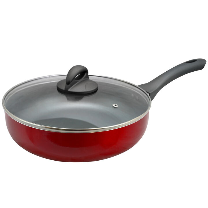 Oster Herscher 3.5 Quart Aluminum Saute Pan with Tempered Glass Lid in Red
