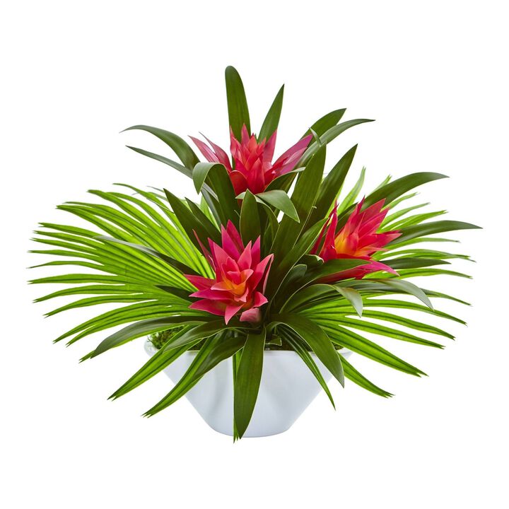 Nearly Natural 14-in Bromeliad Artificial Arrangement in Oval White Vase