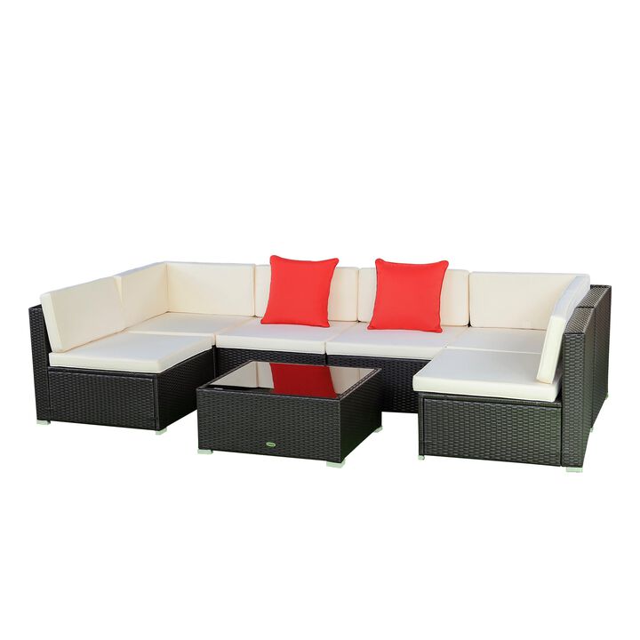 7-Piece Patio Furniture Sets Outdoor Wicker Conversation Set PE Rattan Sectional Sofa Set w/ Cushions & Tempered Glass Desktop, Cream White
