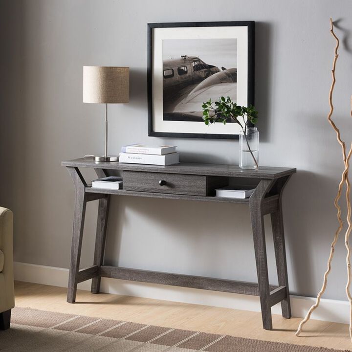 Distressed Grey Hallway Console with 1 Drawer & 2 Side Shelves