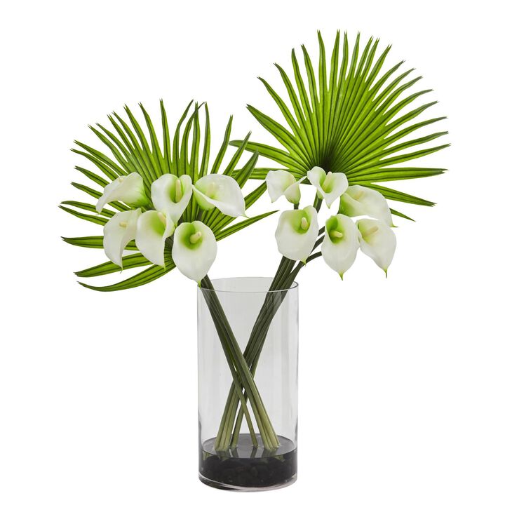 Nearly Natural 27-in Calla Lily and Fan Palm in Cylinder Glass
