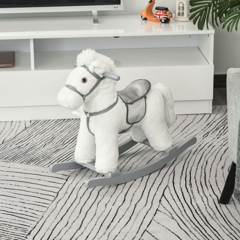 Kids Plush Ride-On Rocking Horse Toy Children Chair with Soft Plush Toy & Fun Realistic Sounds - White