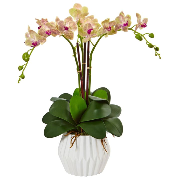 Nearly Natural 22-in Phalaenopsis Orchid Arrangement in White Vase