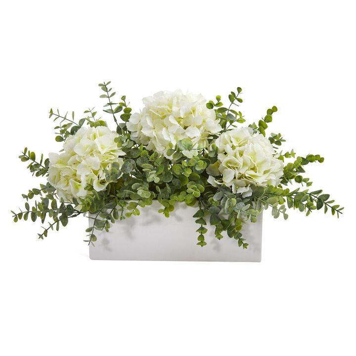 Nearly Natural 15-in Hydrangea and Eucalyptus Arrangement in White Vase