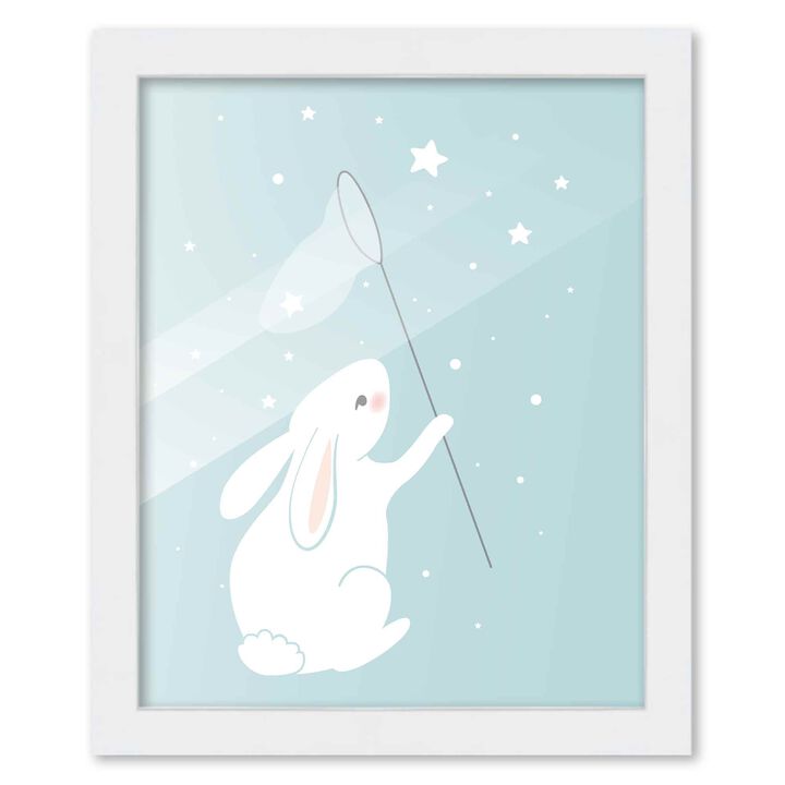 8x10 Framed Nursery Wall Art Hand Drawn Twinkle Bunny Poster in White Wood Frame For Kid Bedroom or Playroom