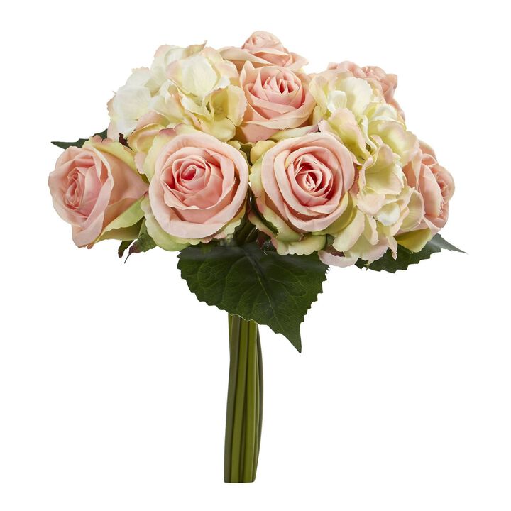 Nearly Natural 12-in Rose and Hydrangea Bouquet Artificial Flower (Set of 6)