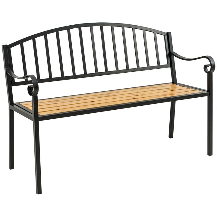 50" Garden Bench, Patio Loveseat with Antique Backrest, Wood Seat and Steel Frame for Backyard or Porch
