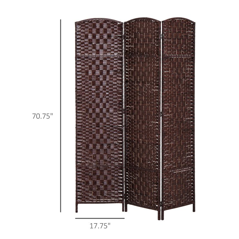 6' Tall Wicker Weave 3 Panel Room Divider Wall Divider, Brown