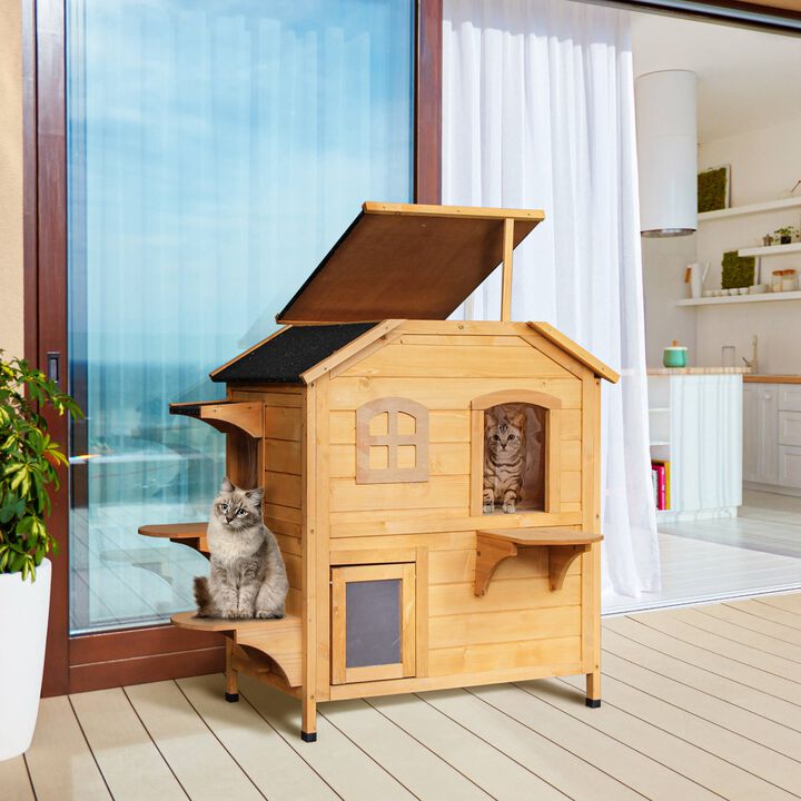 Wooden 2-Story Outdoor Cat House, Feral Cat Shelter Kitten Condo with Escape Door, Openable Asphalt Roof and 4 Platforms, Natural