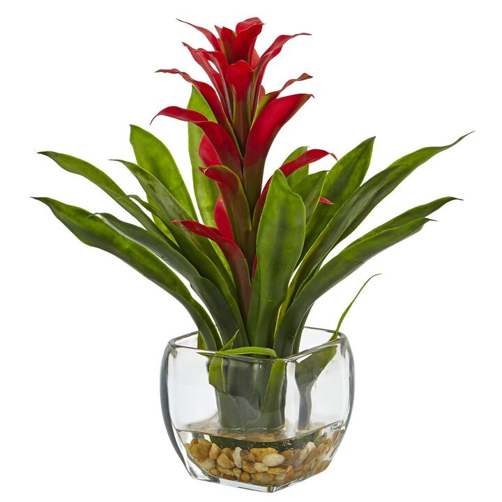 Nearly Natural 12-in Bromeliad with Vase Arrangement Red