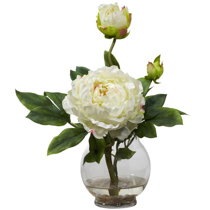 Nearly Natural Peony w/Fluted Vase Silk Flower Arrangement White