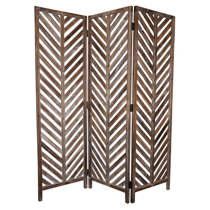 3 Panel Foldable Wooden Screen with Herringbone Pattern, Brown-Benzara
