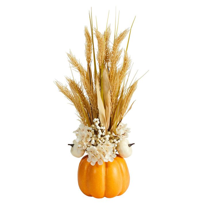 Nearly Natural 21-in Autumn Dried Wheat and Pumpkin Artificial Fall Arrangement in Decorative Pumpkin Vase