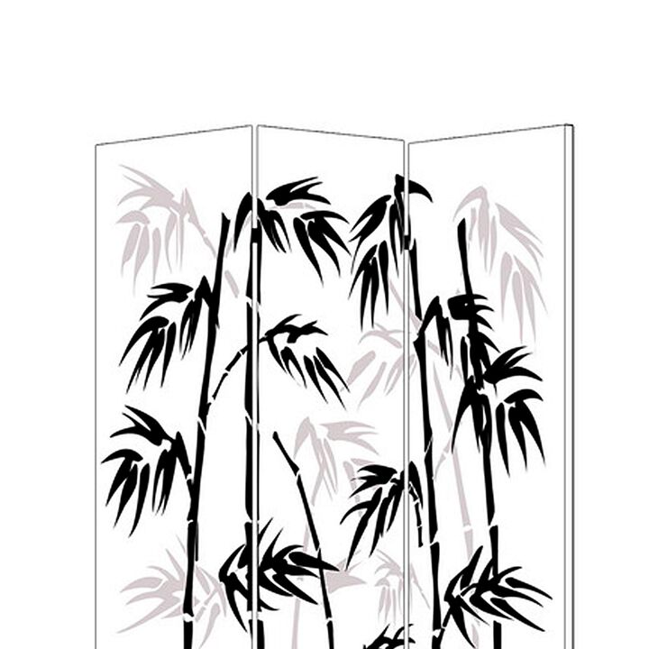 3 Panel Foldable Canvas Bamboo Leaf Print Screen, Black and White-Benzara