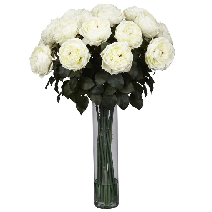 Nearly Natural Fancy Rose Arrangement w/18-in Glass Cylinder White