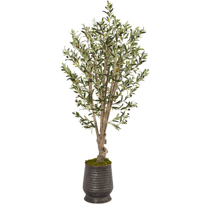 Nearly Natural 62-in Olive Artificial Tree in Ribbed Metal Planter