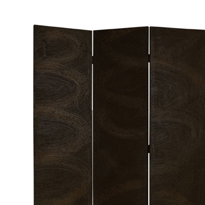 Foldable 3 Panel Canvas Room Divider with Swirl Details, Dark Brown-Benzara