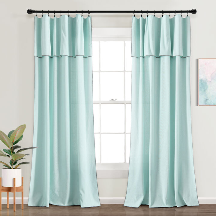 Modern Faux Linen Embroidered Edge With Attached Valance Window Curtain Panels