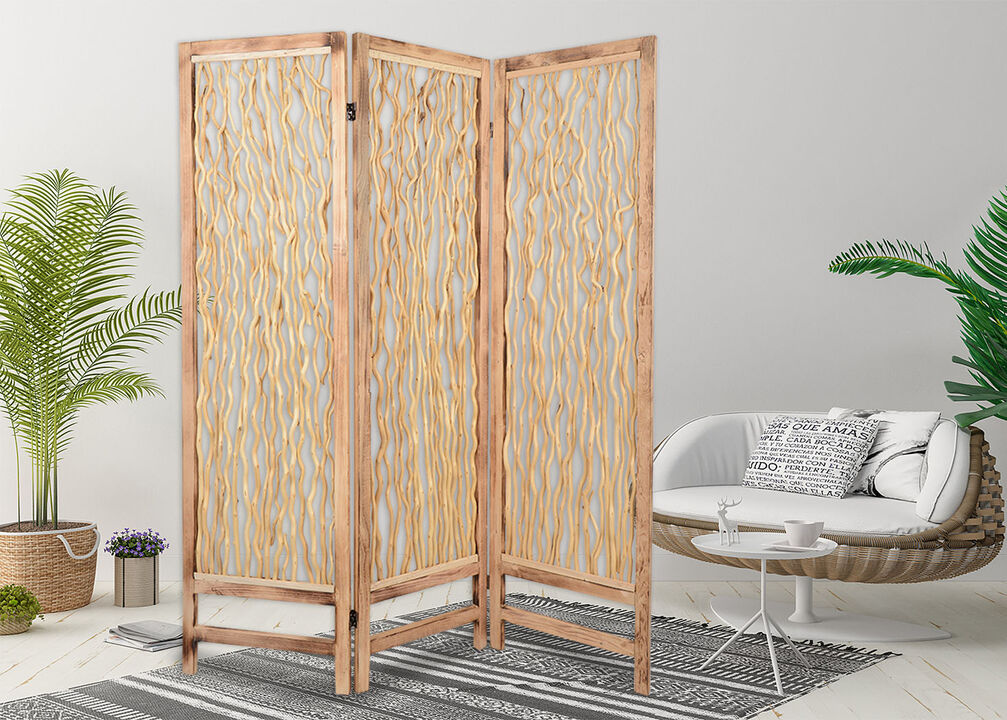 Contemporary 3 Panel Wood Screen with Vertical Branch Design, Brown - Benzara