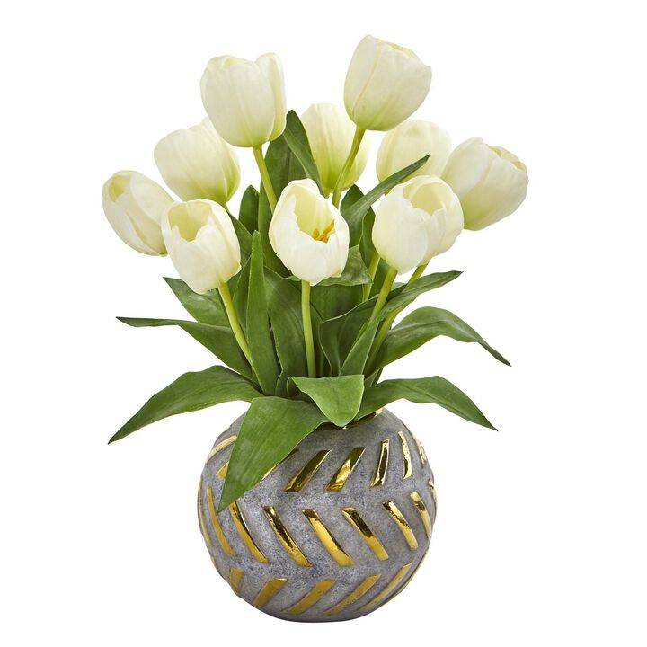 Nearly Natural 15-in Tulip Artificial Arrangement in Decorative Vase