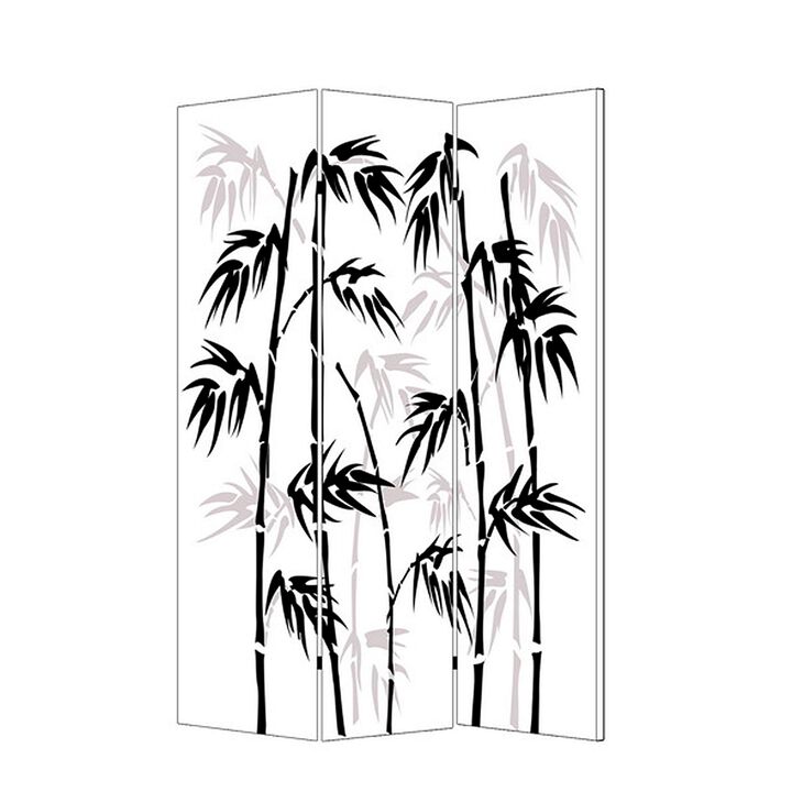 3 Panel Foldable Canvas Bamboo Leaf Print Screen, Black and White-Benzara