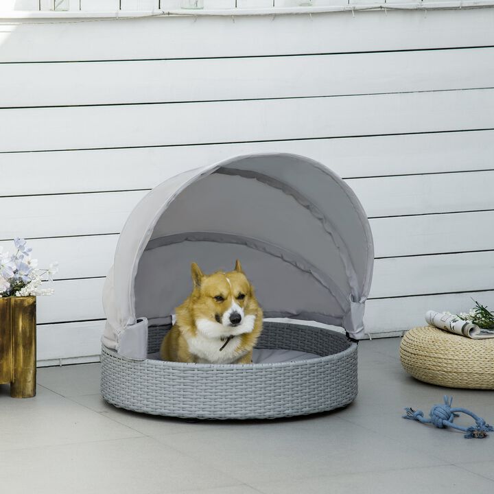 Wicker Dog Cave Bed with Adjustable Canopy Pet House Shelter for Small Medium Dogs with Cushion Indoor Outdoor, Grey