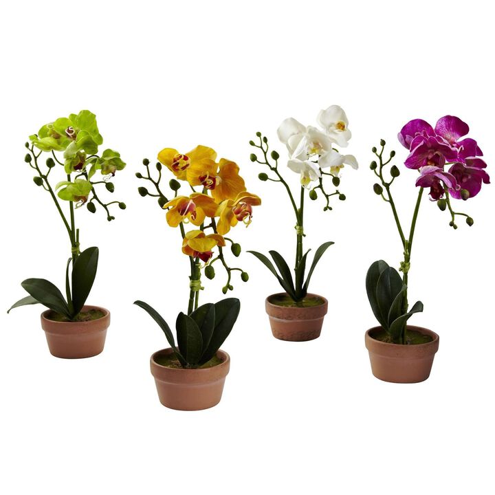 Nearly Natural Phalaenopsis Orchid w/Clay Vase (Set of 4)