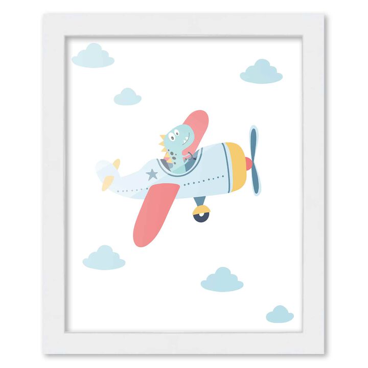 8x10 Framed Nursery Wall Art Hand Drawn Dinosaur Air Plane Poster in White Wood Frame For Kid Bedroom or Playroom