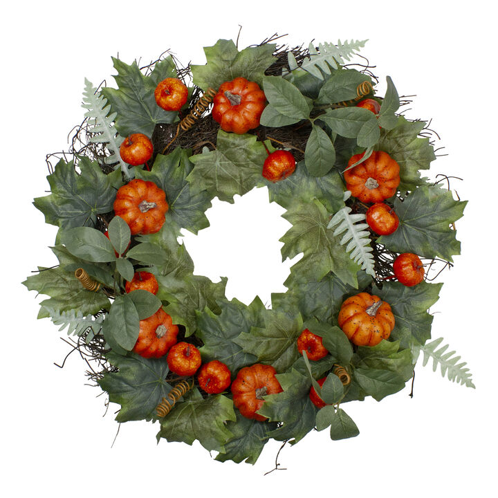 Maple and Fern Leaves with Pumpkins Artificial Wreath  Orange 24-Inch