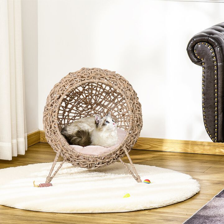20.5" Rattan Cat Bed, Elevated Wicker Kitten House Round Condo with Cushion, Natural