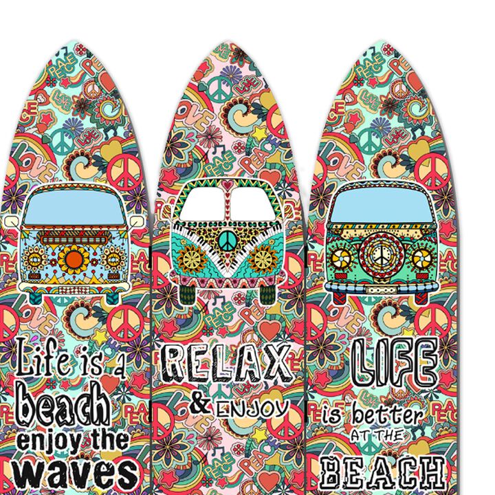 Beach Themed Surfboard Shaped 3 Panel Room Divider, Multicolor-Benzara