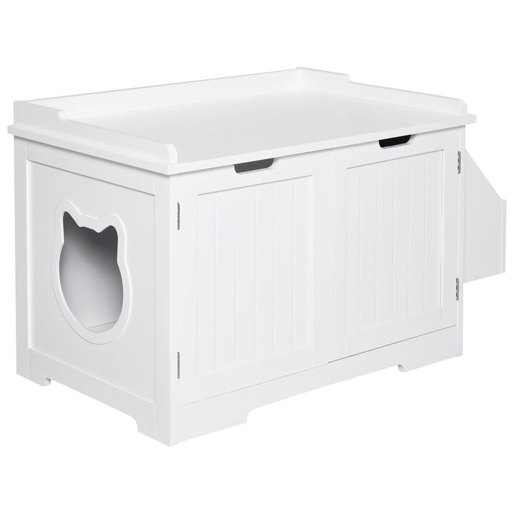 Wooden Cat Litter Box Enclosure Kitten House with Nightstand End Table and Storage Rack Magnetic Doors, White