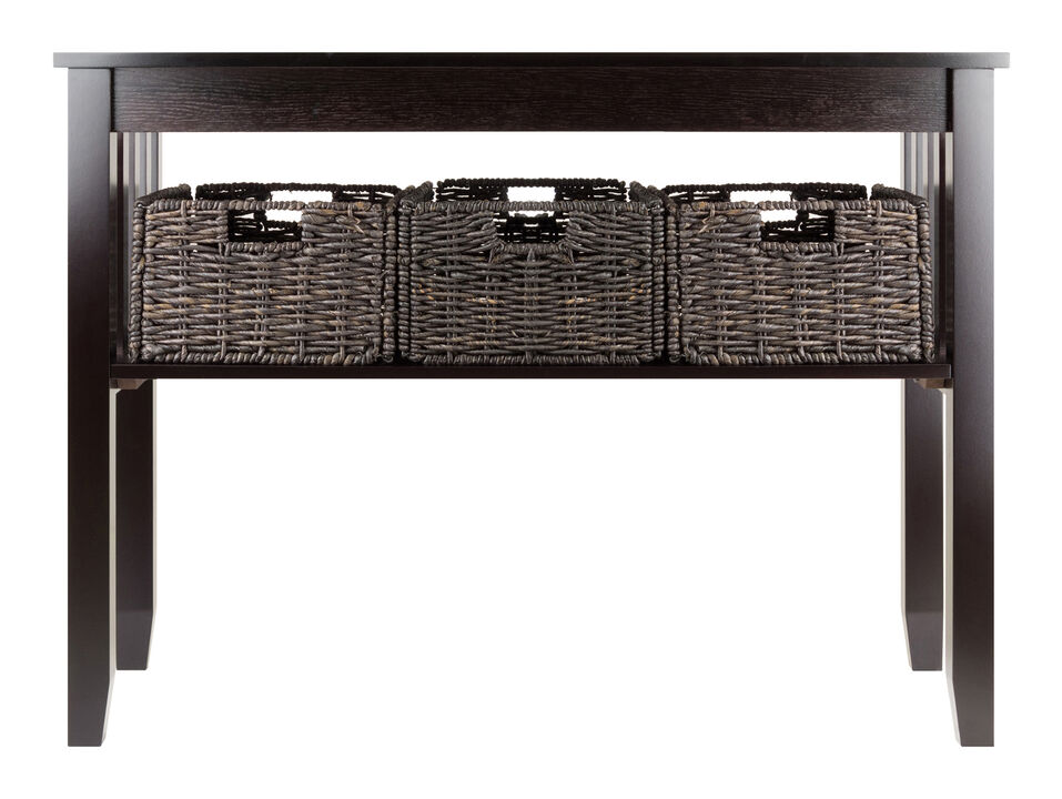 Morris Console Table with 3 Foldable Corn Husk Baskets, Espresso and Chocolate