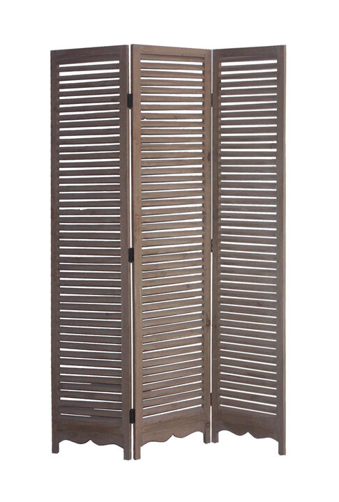 Minimal Wooden Screen with 3 Panels and Shutter Design, Brown - Benzara