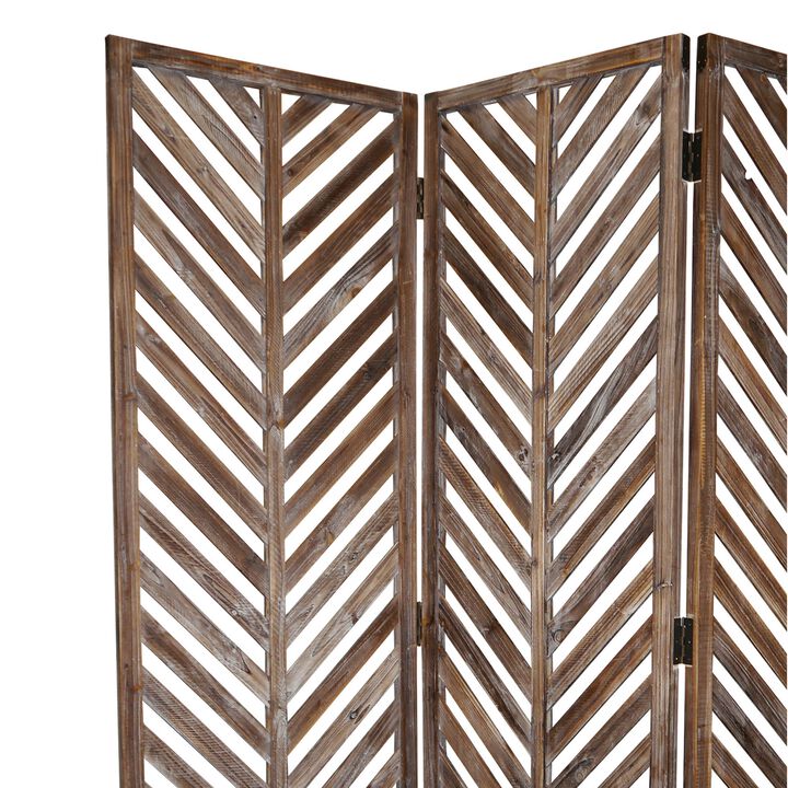 3 Panel Foldable Wooden Screen with Herringbone Pattern, Brown-Benzara