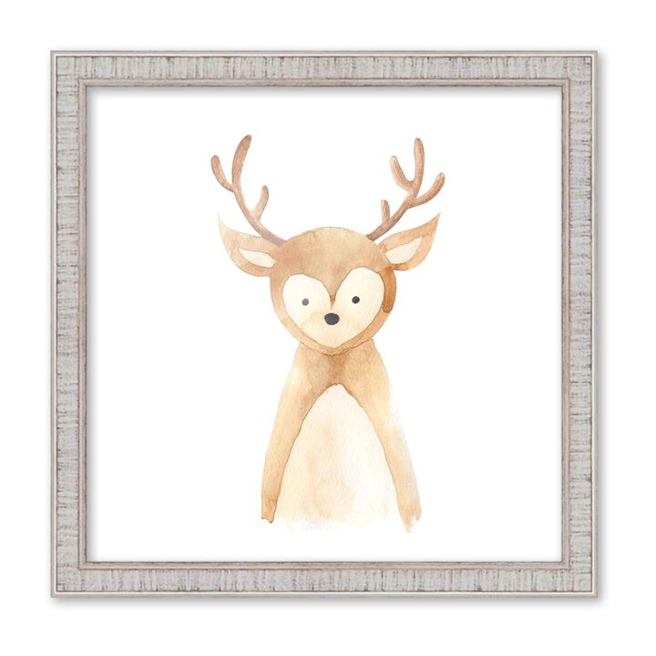 10x10 Framed Nursery Wall Art Watercolor Deer Poster in Rustic White Wood Frame For Kid Bedroom or Playroom