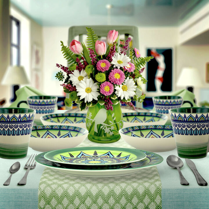Elama Zen Green Mozaik 16 Piece Luxurious Stoneware Dinnerware with Complete Setting for 4, 16pc