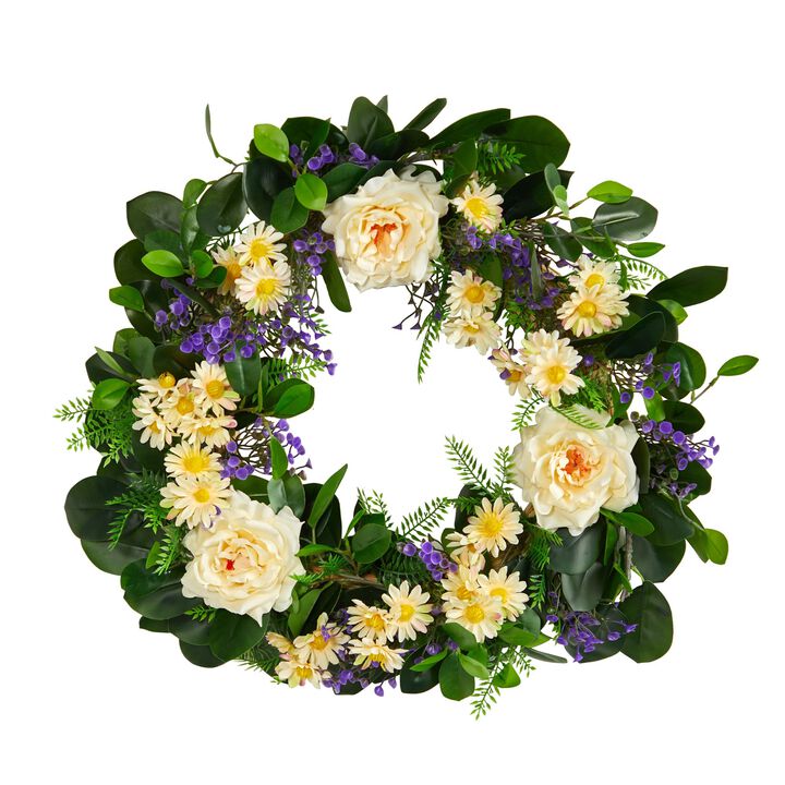 Nearly Natural 22-in Mixed Rose and Daisy Artificial Wreath