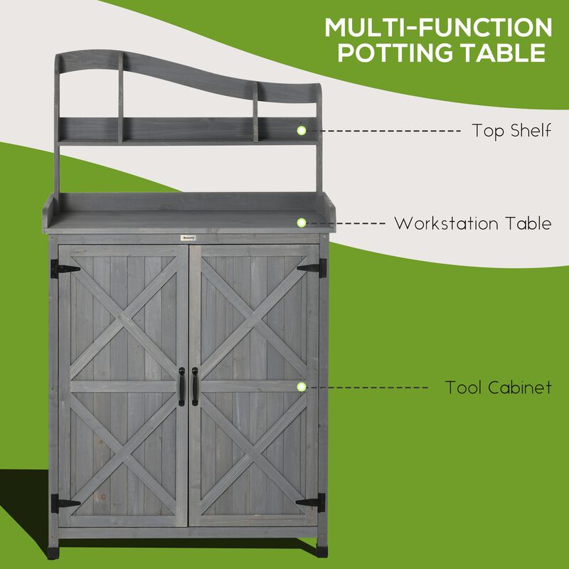 Outdoor Storage Cabinet & Potting Table, Wooden Gardening Bench with Patio Cabinet and Magnetic Doors, Grey
