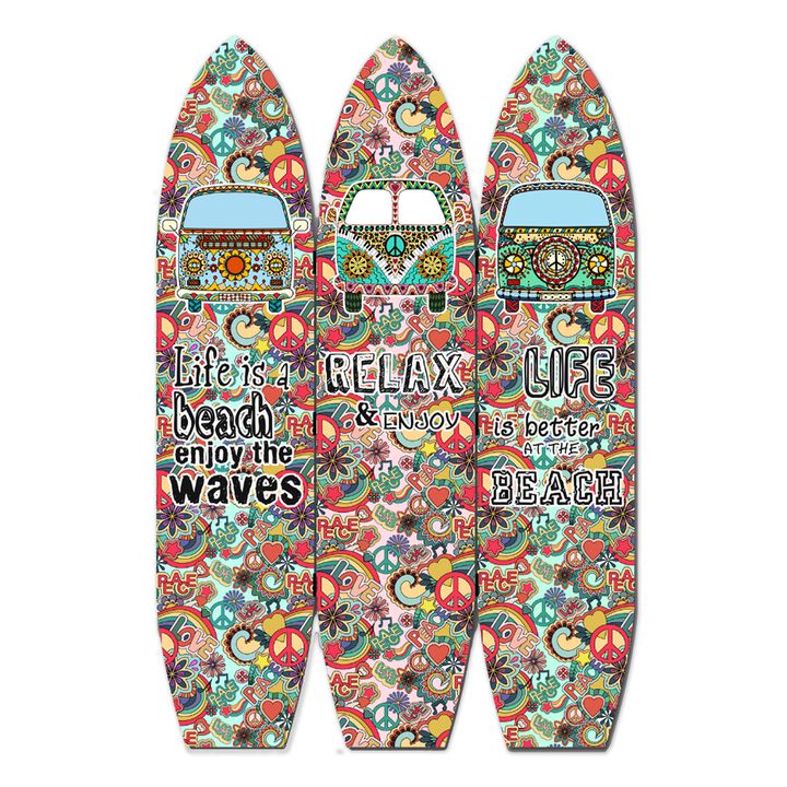 Beach Themed Surfboard Shaped 3 Panel Room Divider, Multicolor-Benzara