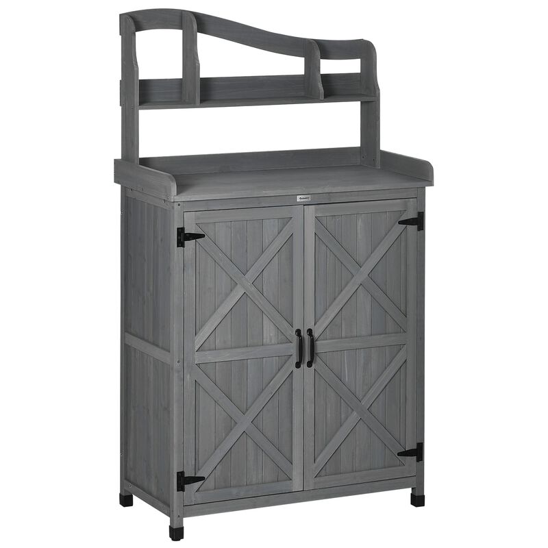Outdoor Storage Cabinet & Potting Table, Wooden Gardening Bench with Patio Cabinet and Magnetic Doors, Grey