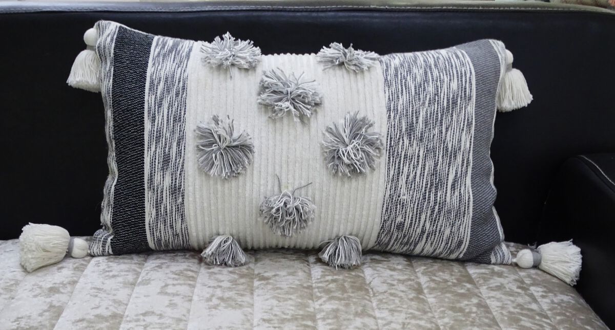 14"x24" Melange Striped Throw Pillow for Livingroom with Large Poms and Tassels